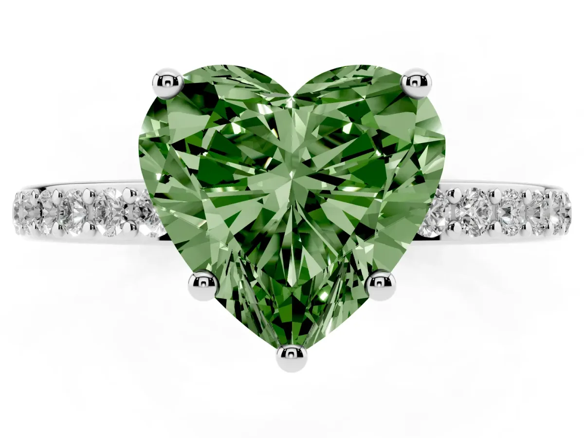 Fancy Green Heart Cut Cut Diamond Pavé Band Ring with Four-Prong Setting Silver