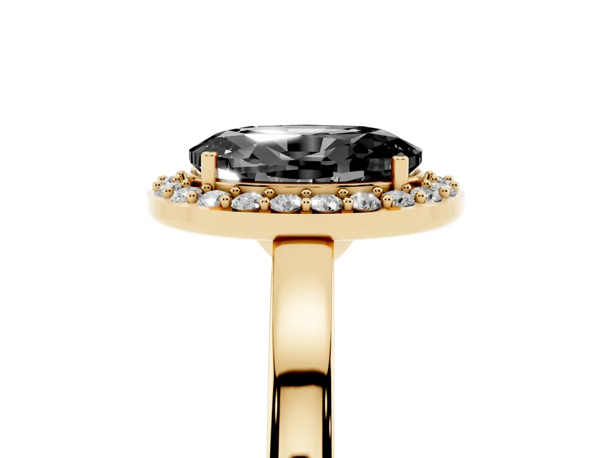 Fancy Black Oval Cut Halo Diamond Ring with Solitaire Band and Prong Setting Yellow gold