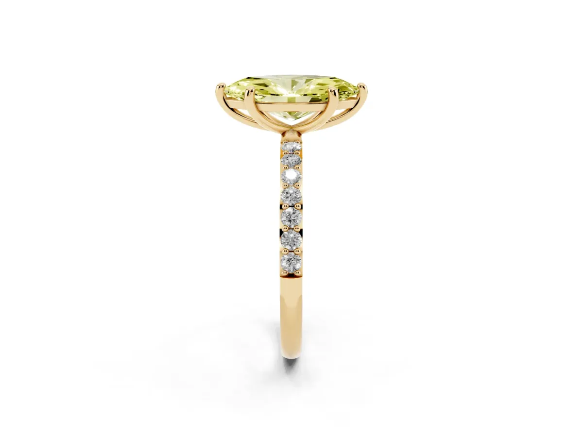 Fancy Yellow Marquise Cut Diamond Solitaire Ring with Round Pavé Band and Prong Setting Yellow gold