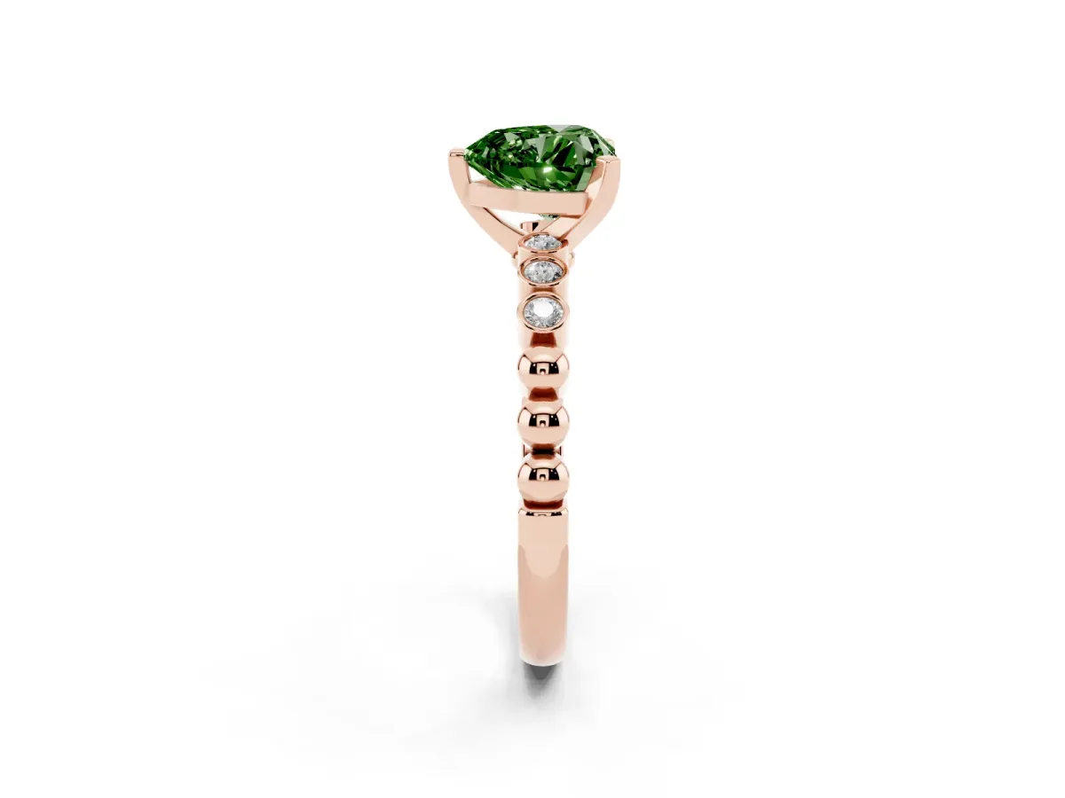 Fancy Green Heart Cut Solitaire Bezel Accent Diamond Engagement Ring with Beaded Band and Four-Prong Setting Rose gold