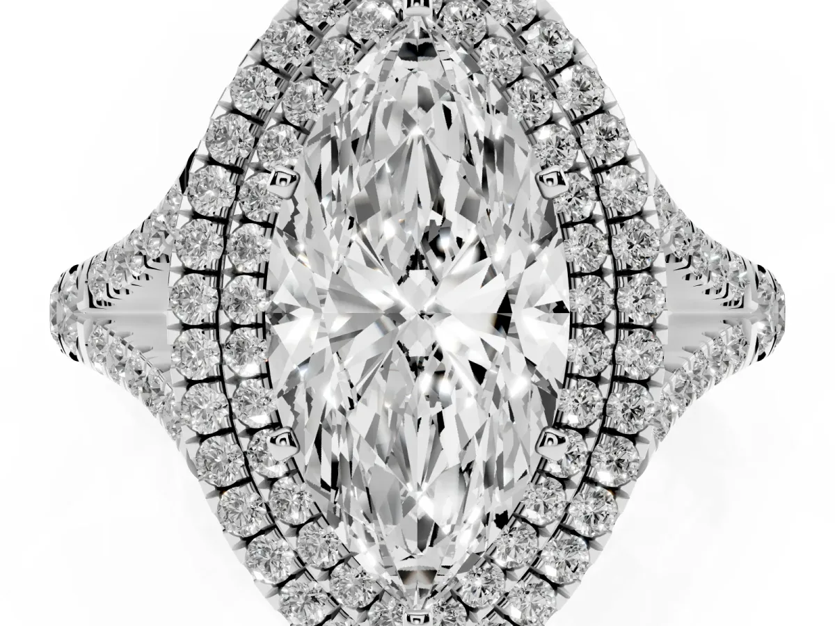 Marquise Cut Cut Double Halo Split Shank Diamond Ring with Prong Setting Silver