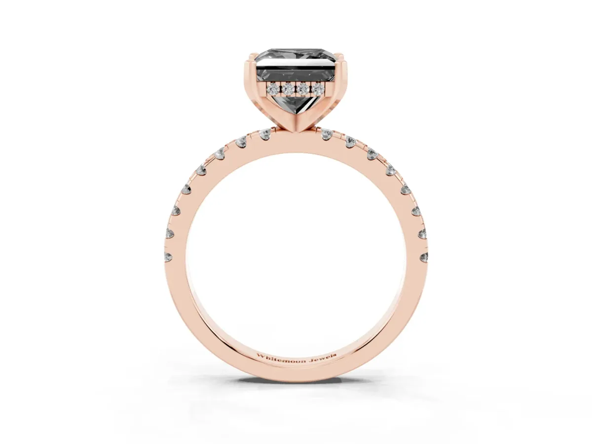 Fancy Black Princess Cut Diamond Solitaire Ring with Round Pavé Band and Four-Prong Setting Rose gold