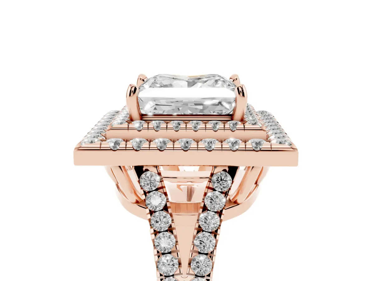Princess Cut Diamond Double Halo Ring with Pavé Band and Prong Setting Rose gold