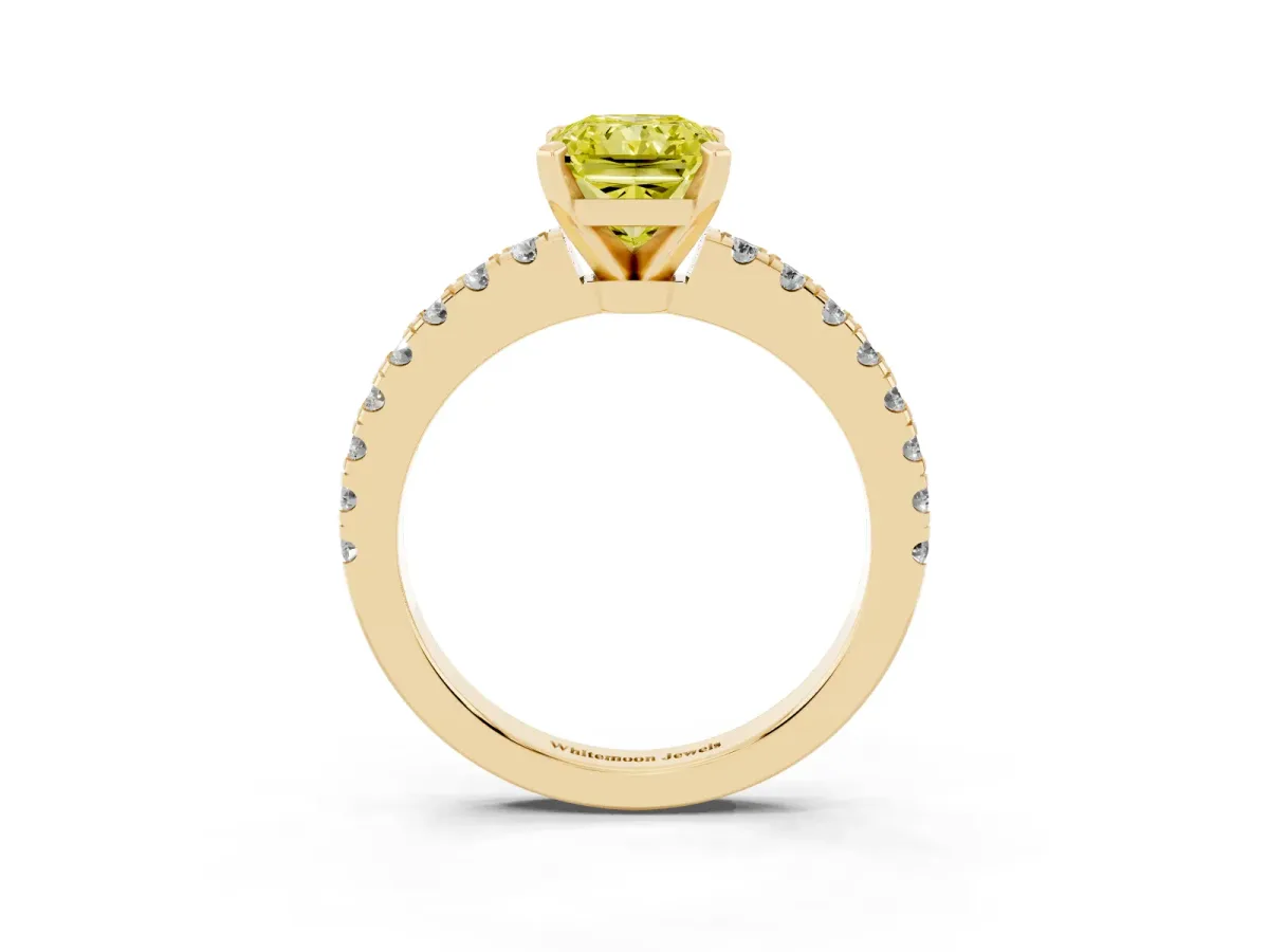 Fancy Yellow Radiant Cut Solitaire Diamond with Pavé Band and Four-Prong Setting Yellow gold