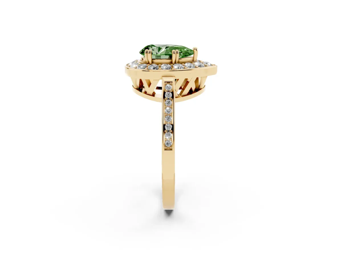 Fancy Green Pear Cut Diamond Halo Ring with Split Shank and Four-Prong Setting Yellow gold