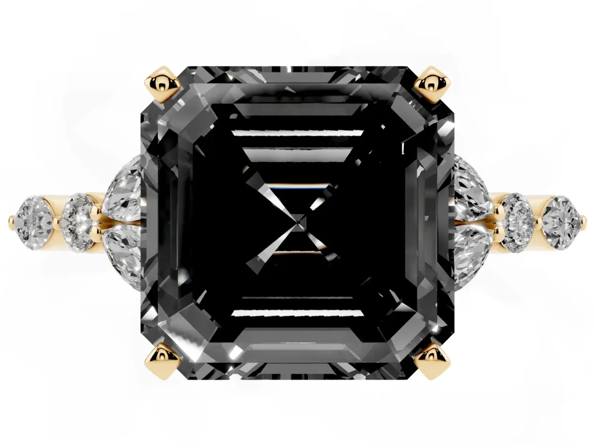 Fancy Black Asscher Cut Diamond Solitaire Ring with Side Stones and Four-Prong Setting Yellow gold