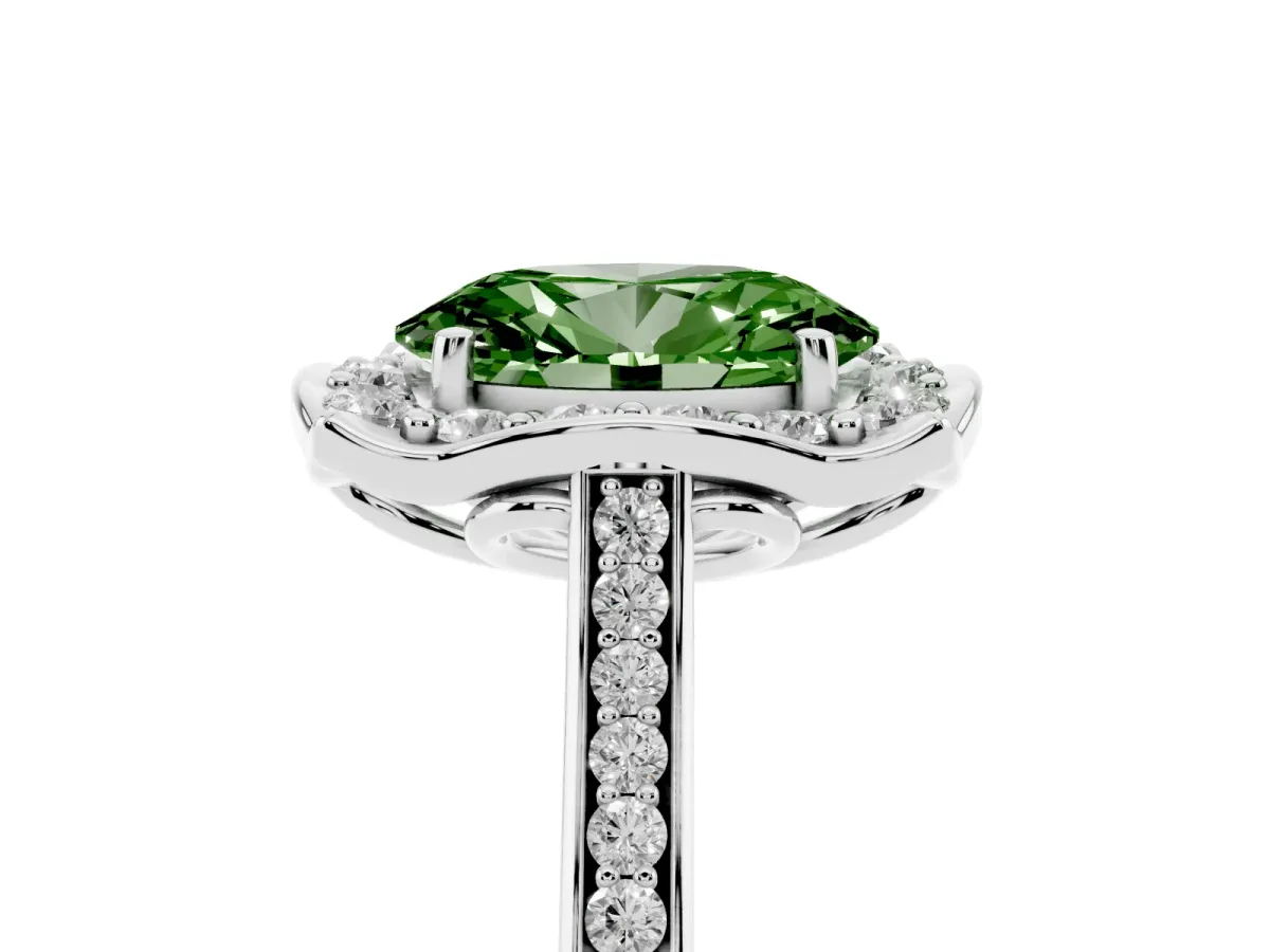 Fancy Green Oval Cut Halo Round Diamond Pave Band with Four-Prong Setting Platinum