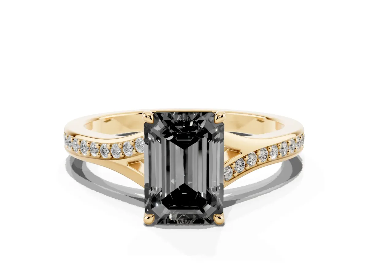 Fancy Black Emerald Cut Diamond Solitaire Ring with Pavé Band and Prong Setting Yellow gold