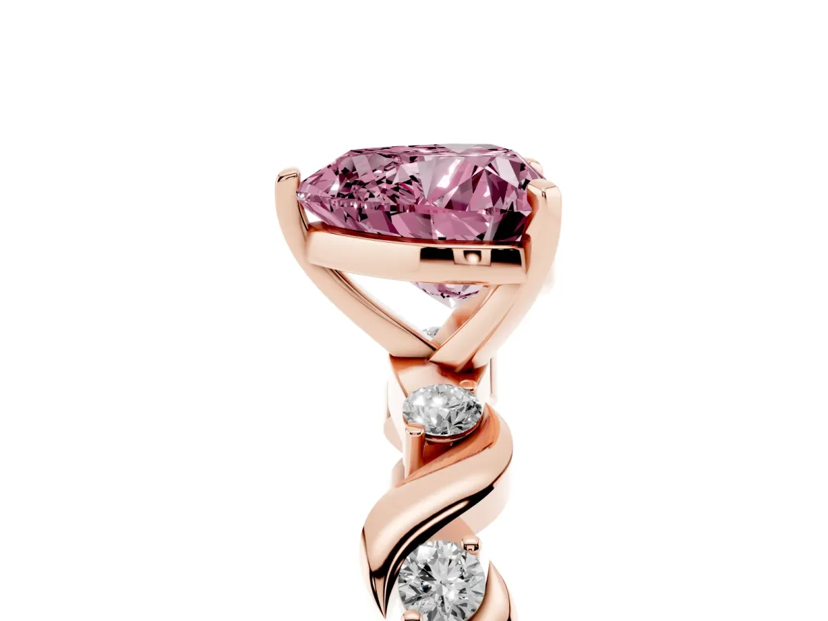 Fancy Pink Heart Cut Diamond Solitaire Twisted Band with Round Accents and Prong Setting Rose gold