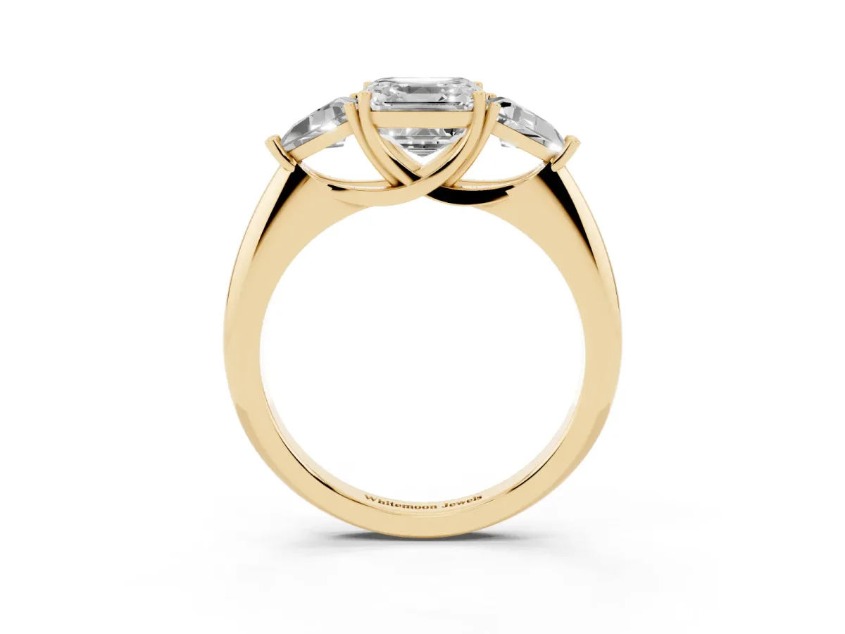 Three-Stone Asscher Cut Diamond Engagement Ring with Trillion Side Stones and Prong Setting Yellow gold
