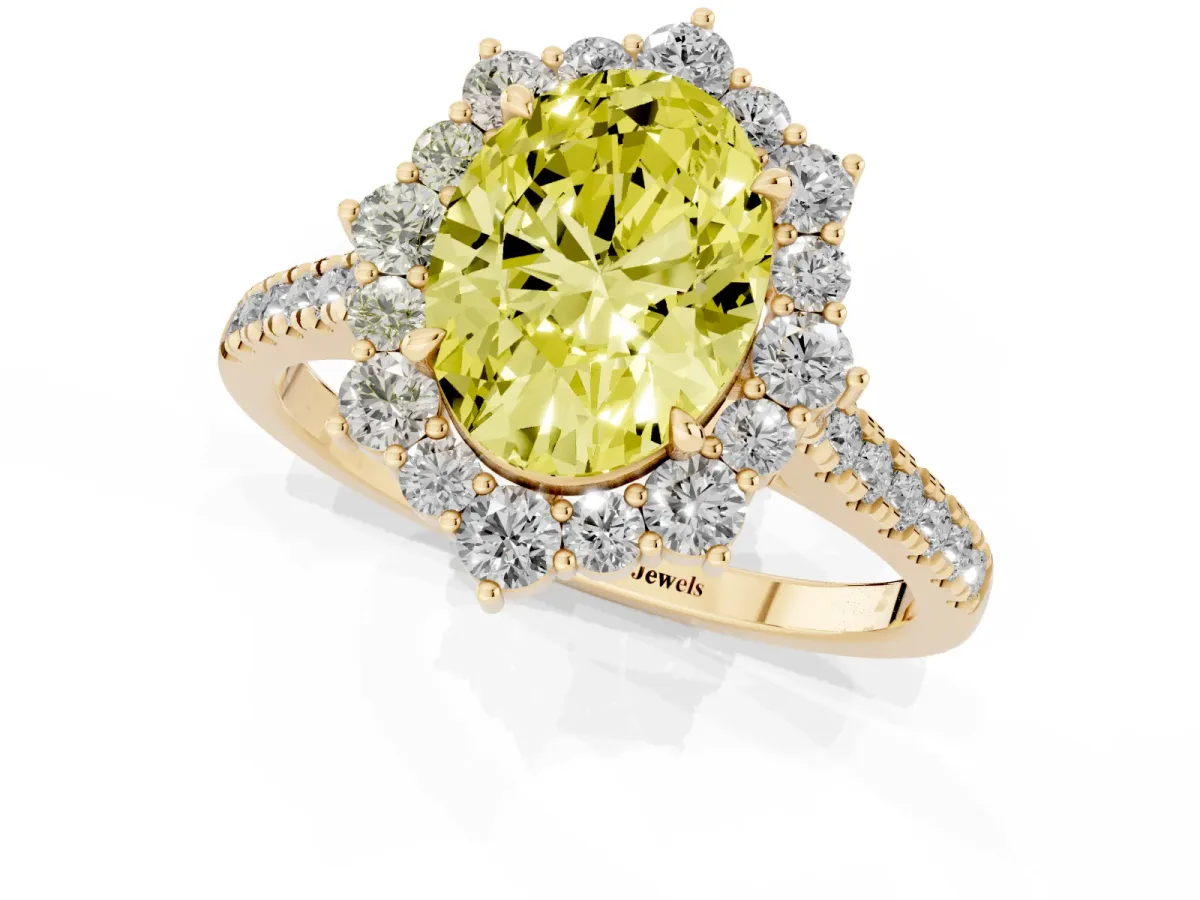 Fancy Yellow Oval Cut Halo Diamond Ring with Pavé Band and Prong Setting Yellow gold