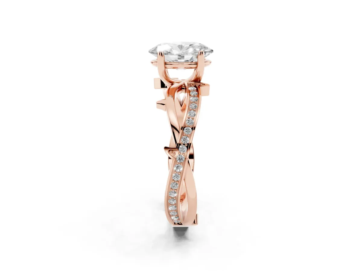 Oval Cut Solitaire Twist Band with Pavé Accents and Four-Prong Setting Rose gold