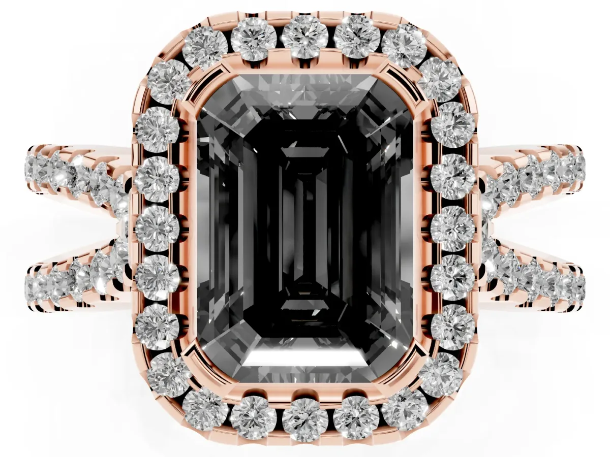 Fancy Black Emerald Cut Diamond Halo Ring with Split Shank Pavé Band and Prong Setting Rose gold