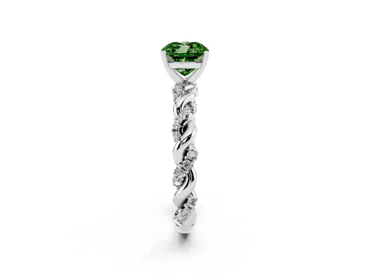 Fancy Green Cushion Cut Diamond Solitaire Ring with Twisted Band and Pavé Accents Silver