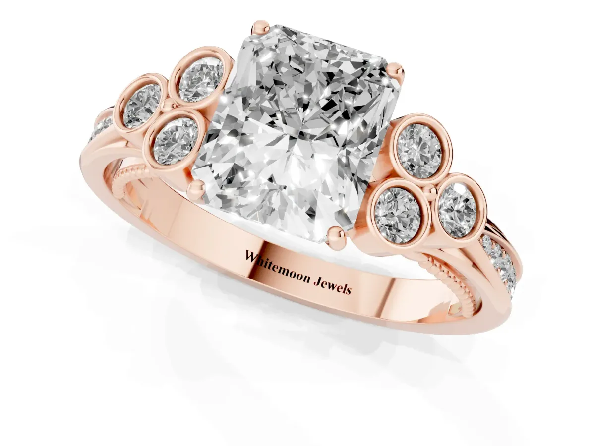 Radiant Cut Cut Diamond Engagement Ring with Bezel Set Round Side Stones and Prong Setting Rose gold