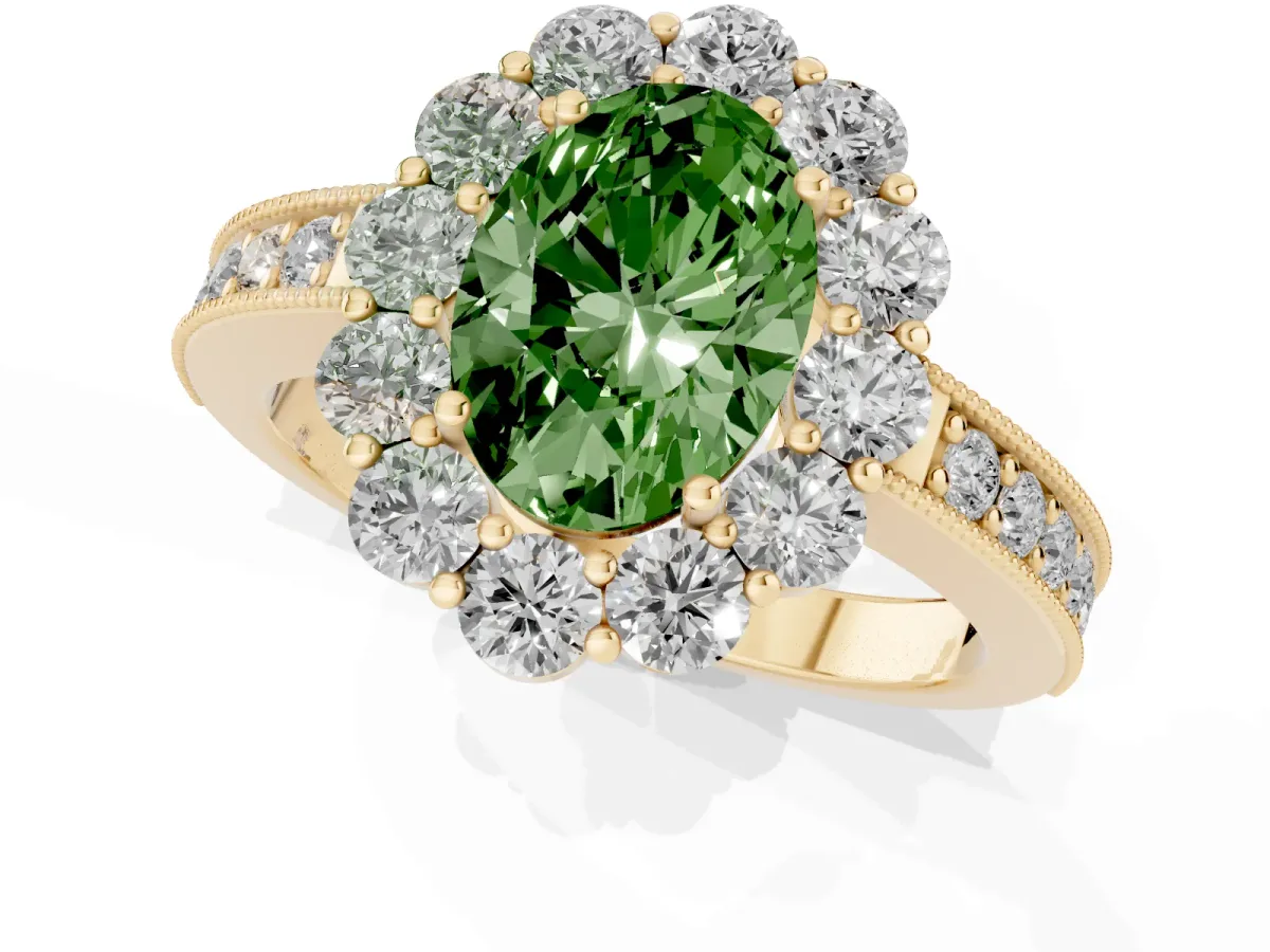 Fancy Green Oval Cut Cut Halo Diamond Pavé Engagement Ring with Milgrain Detailing Yellow gold