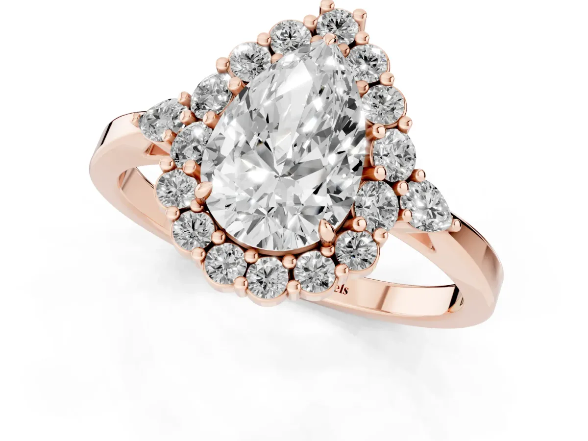 Pear Cut Diamond Halo Ring with Pear Side Stones and Prong Setting Rose gold