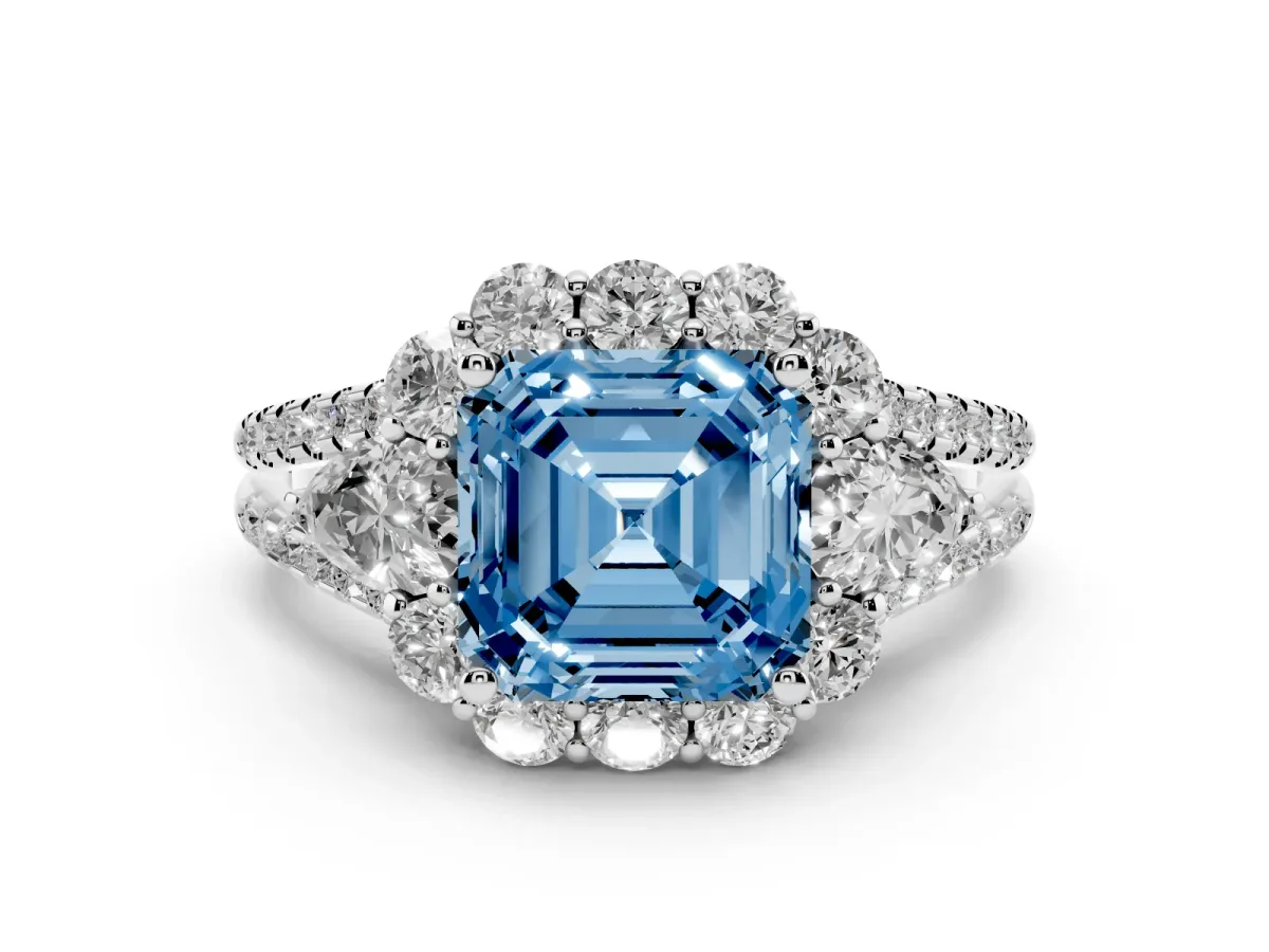 Fancy Blue Asscher Cut Halo Split Shank Diamond Engagement Ring with Prong Setting Silver