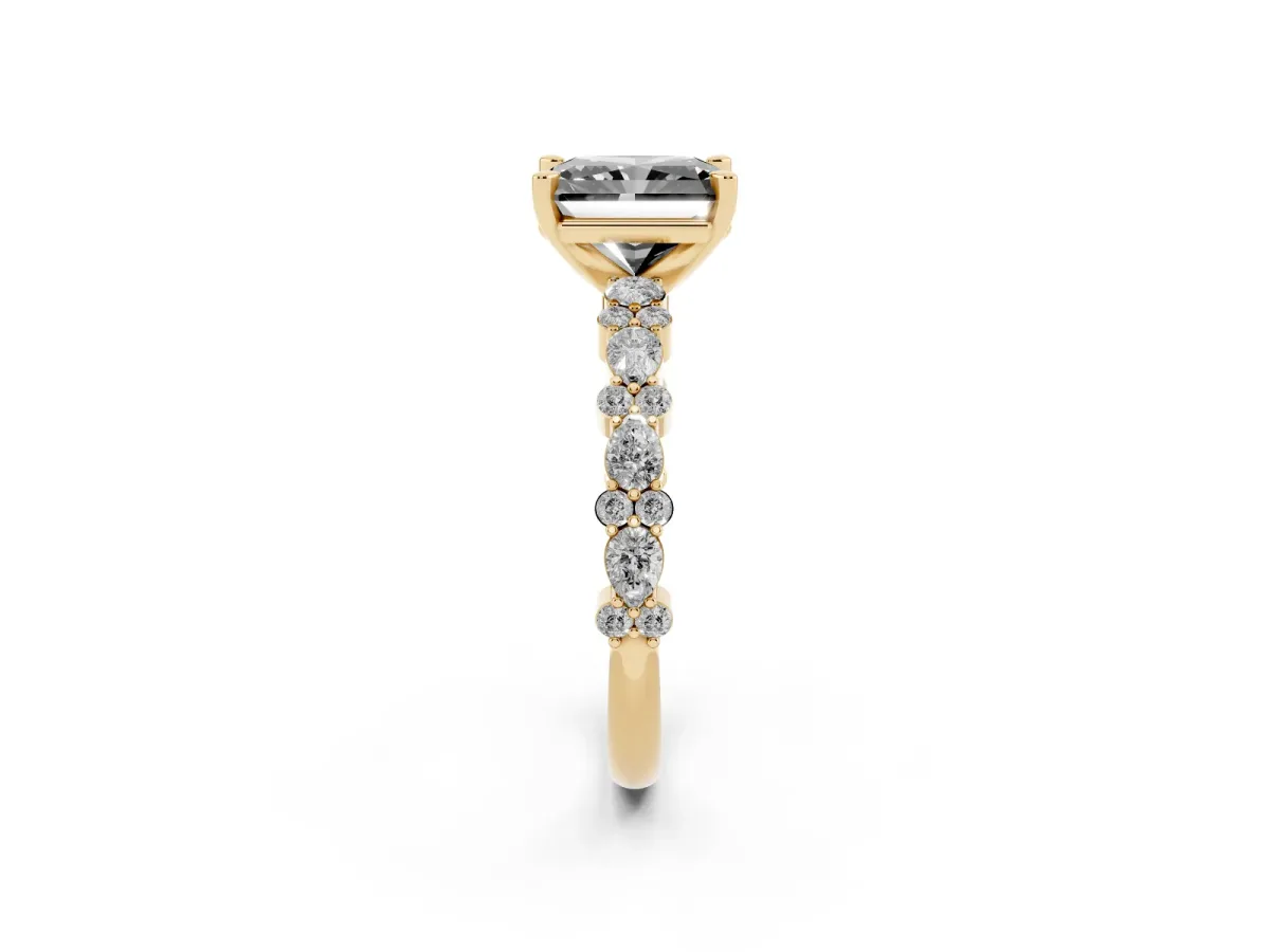 Fancy Black Radiant Cut Diamond Side Stone Solitaire Ring with Round and Four-Prong Setting Yellow gold
