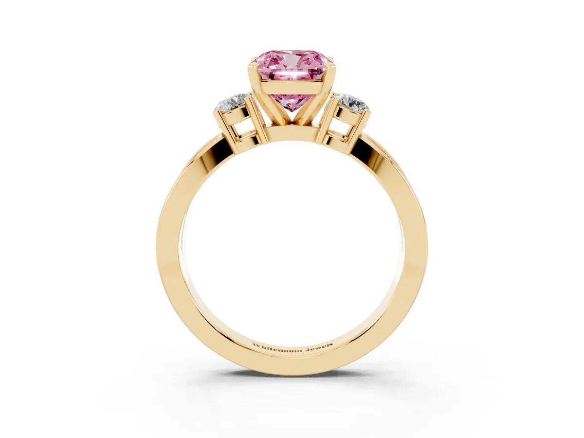 Fancy Pink Three-Stone Cushion Cut Cut Diamond Twist Band with Prong Setting Yellow gold