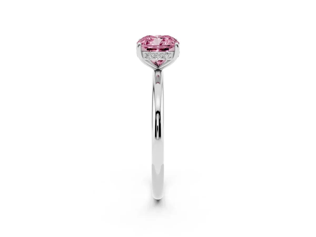 Fancy Pink Cushion Cut Solitaire Diamond Ring with a Classic Band and Four-Prong Setting Silver