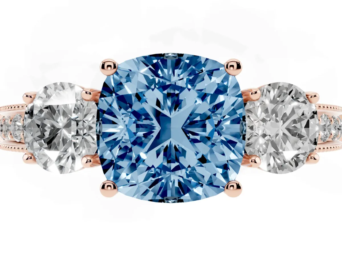 Fancy Blue Cushion Cut Three-Stone Diamond Ring with Pavé Band and Four-Prong Setting Rose gold
