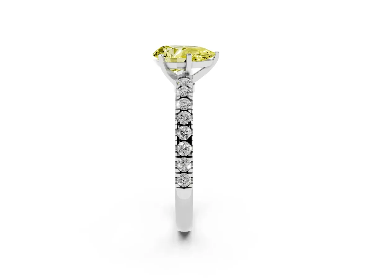 Fancy Yellow Pear Cut Solitaire Diamond with Pavé Band and Four-Prong Setting Silver