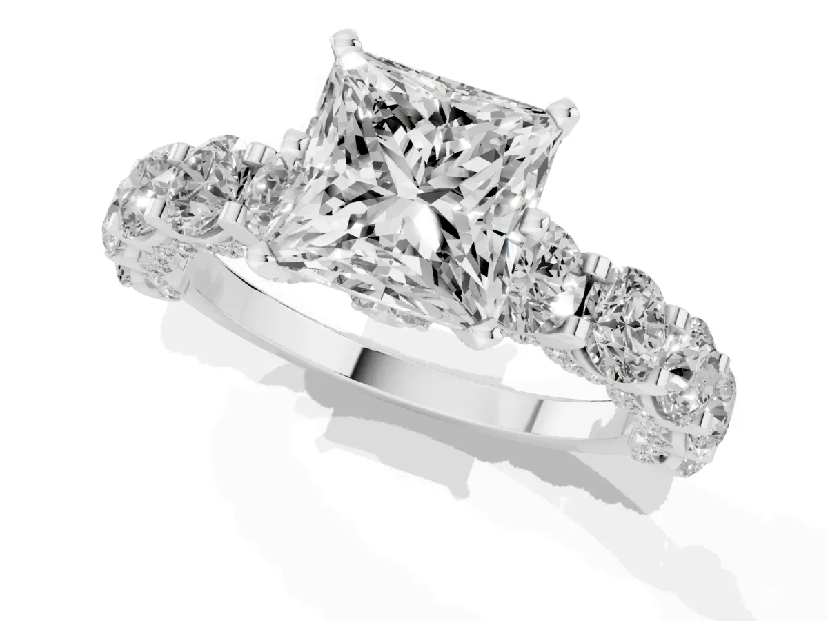 Princess Cut Diamond Side Stone Engagement Ring with Four-Prong Setting Silver