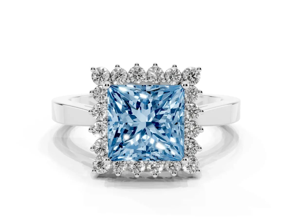 Fancy Blue Princess Cut Cut Diamond Halo Ring with Round Brilliant Halo and Solitaire Band Platinum