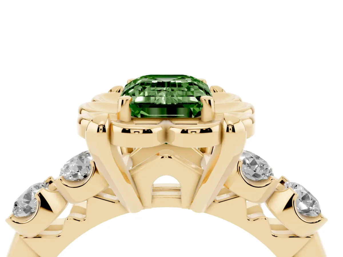 Fancy Green Emerald Cut Cut Diamond Floral Halo Engagement Ring with Shared Prong Setting Yellow gold