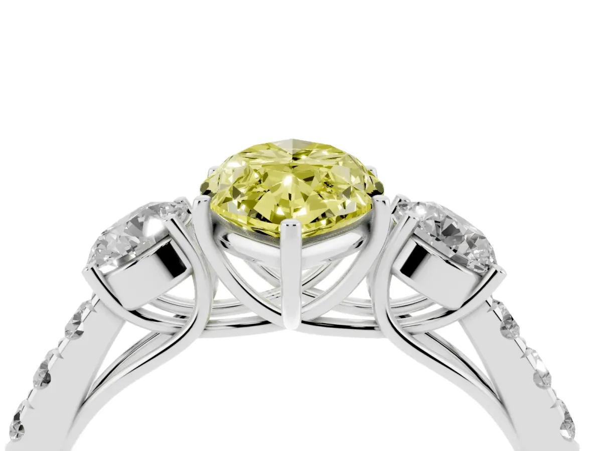 Fancy Yellow Marquise Cut Cut Diamond Three-Stone Ring with Round Side Stones and Pavé Band Silver