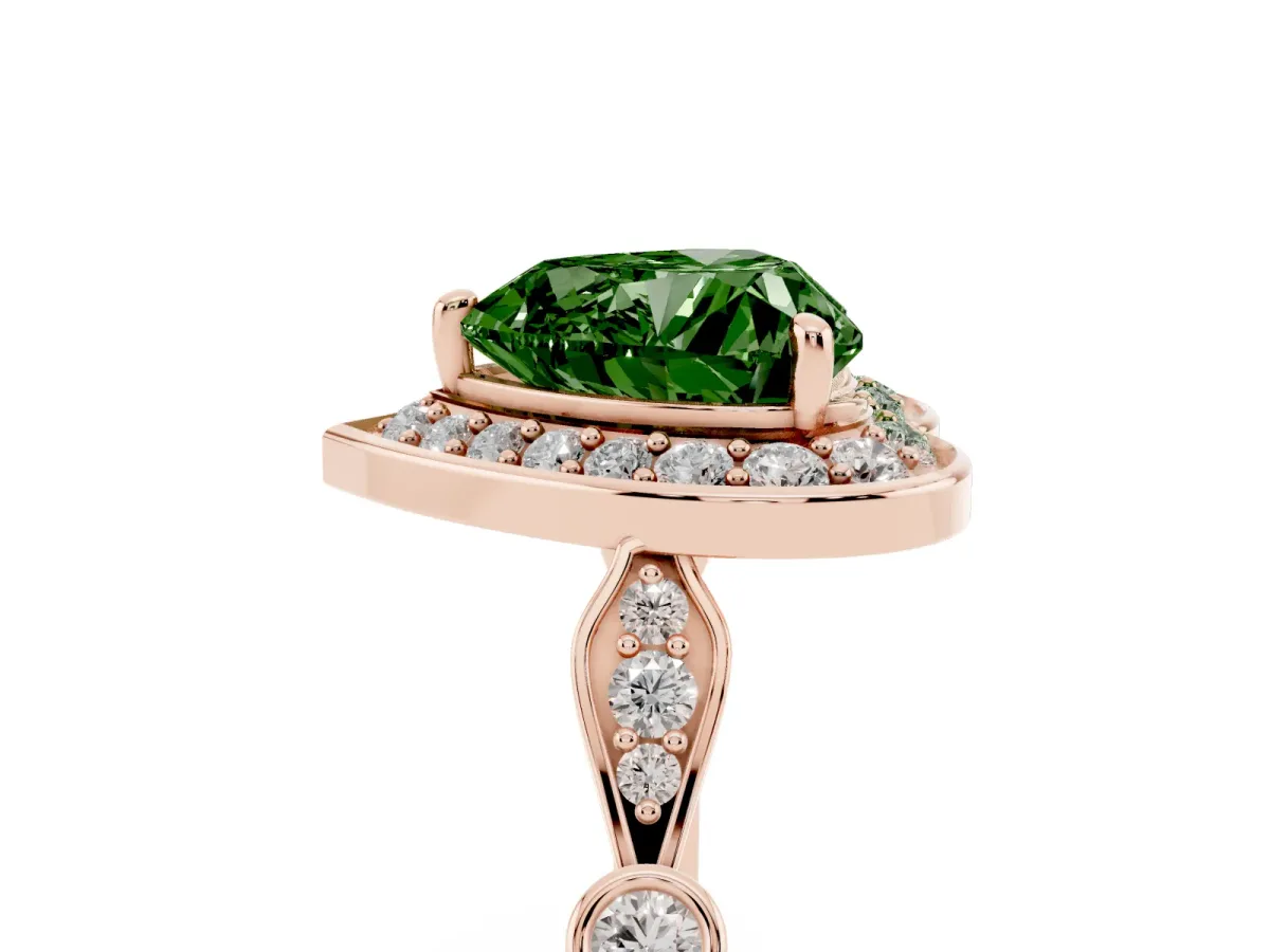 Fancy Green Heart Cut Halo Diamond Engagement Ring with Twisted Band and Four-Prong Setting Rose gold
