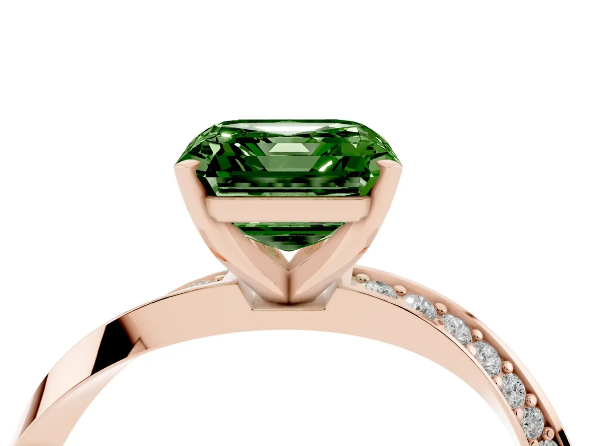 Fancy Green Asscher Cut Diamond Engagement Ring with Side Stone Accents and Four-Prong Setting Rose gold