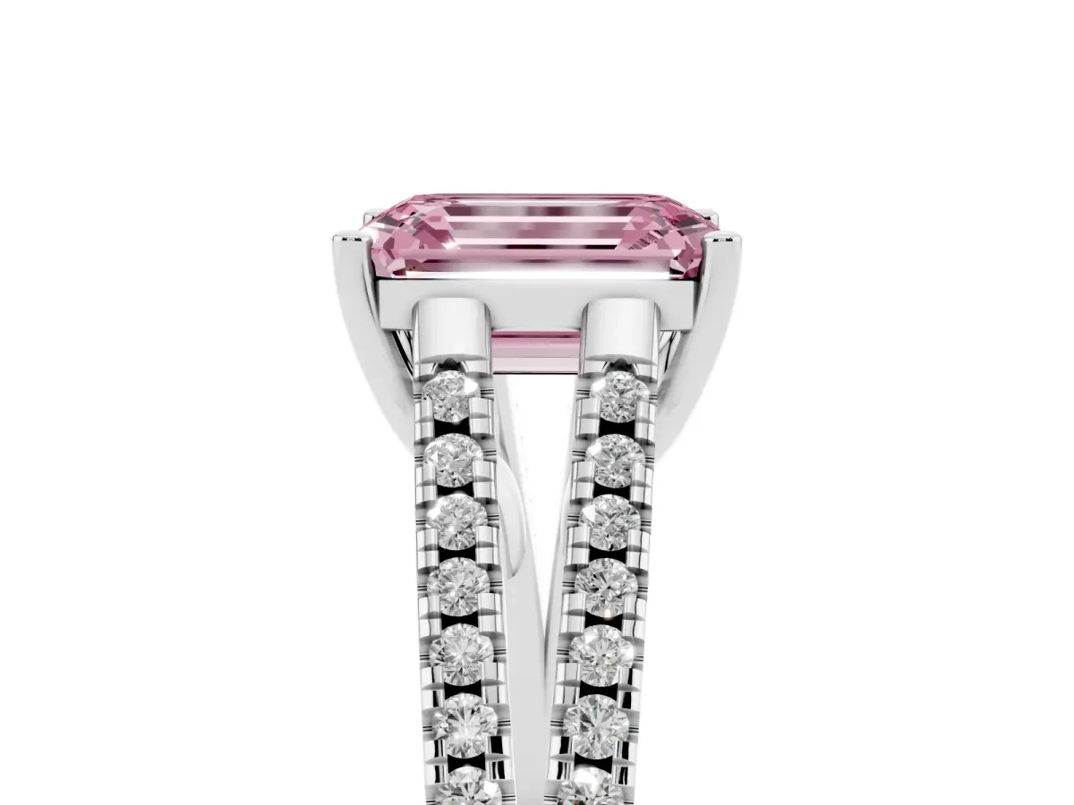 Fancy Pink Emerald Cut Diamond Solitaire Engagement Ring with Split Shank Pavé Band Silver