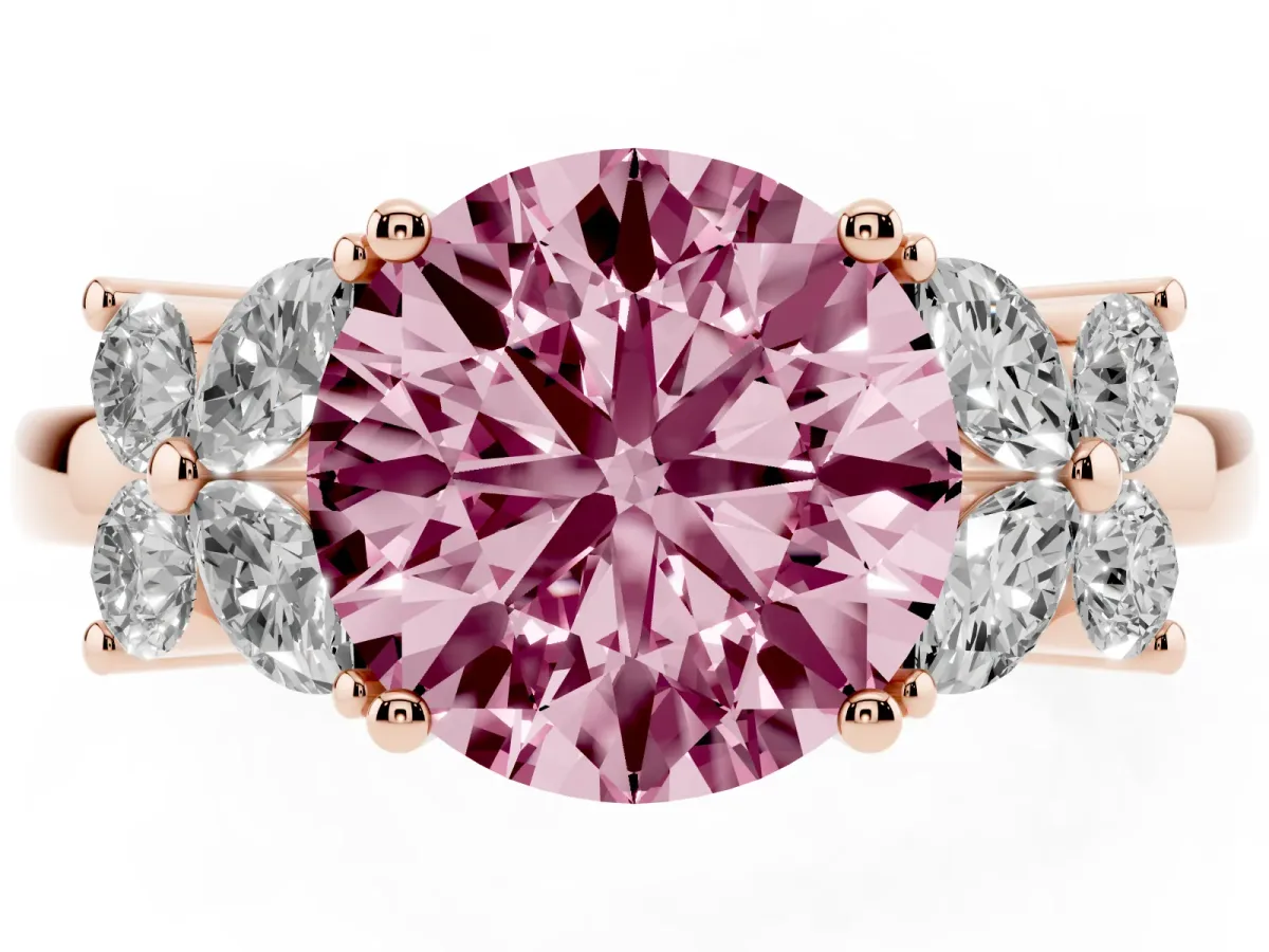 Fancy Pink Round Cut Diamond Floral Cluster Ring with Solitaire Band and Prong Setting Rose gold
