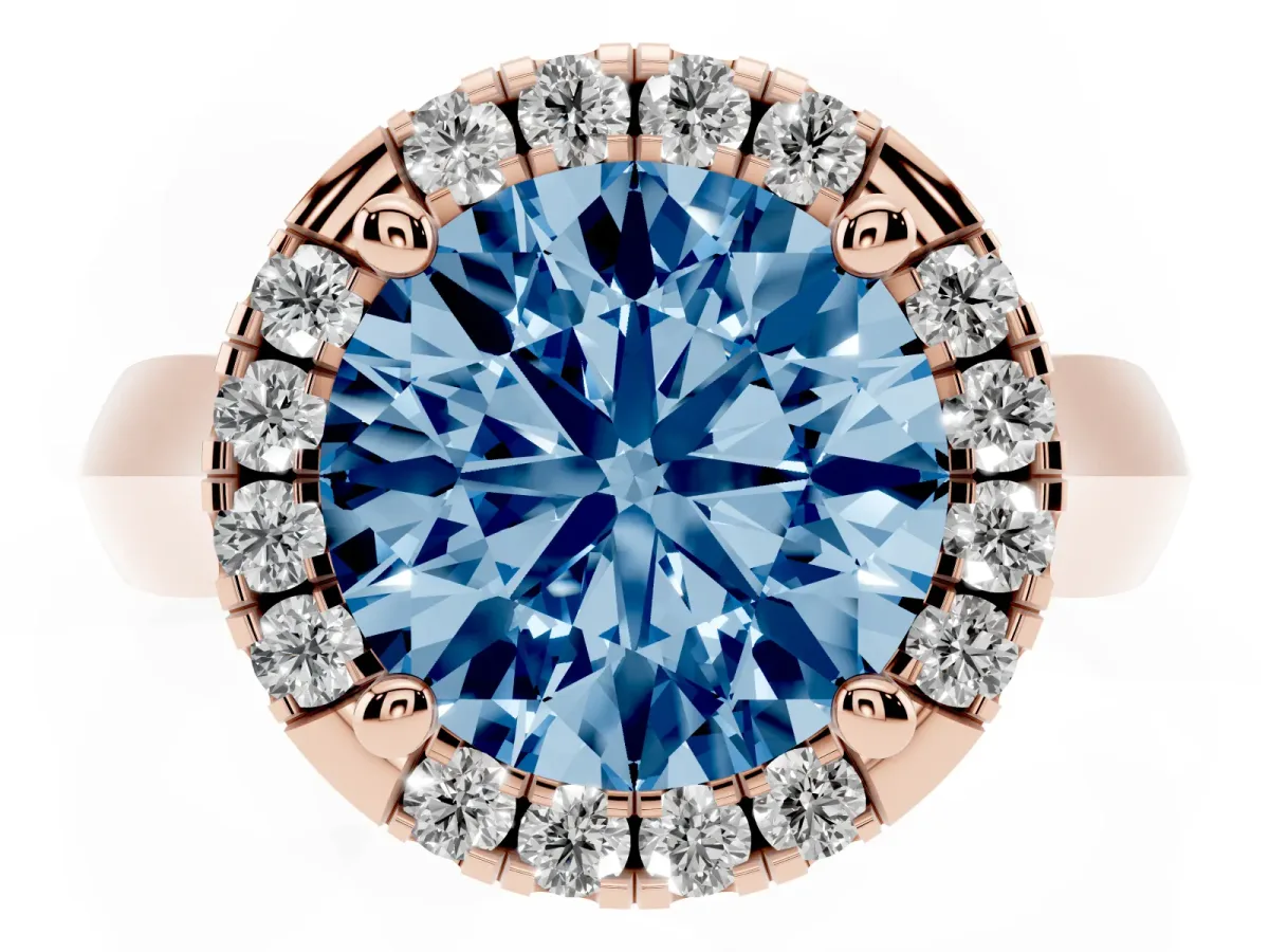 Fancy Blue Round Cut Cut Halo Solitaire Engagement Ring with Square Band and Four-Prong Setting Rose gold
