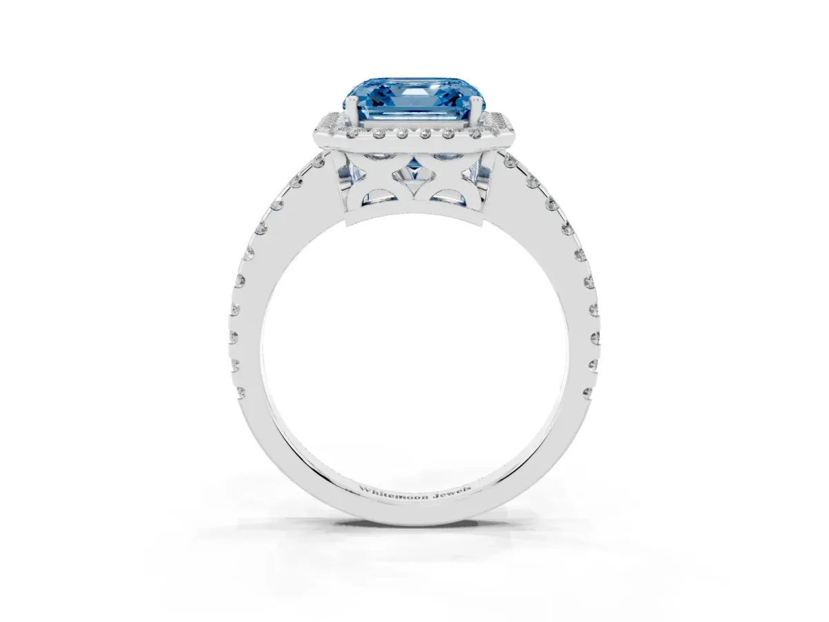 Fancy Blue Asscher Cut Diamond Halo Engagement Ring with Pavé Band and Prong Setting Platinum