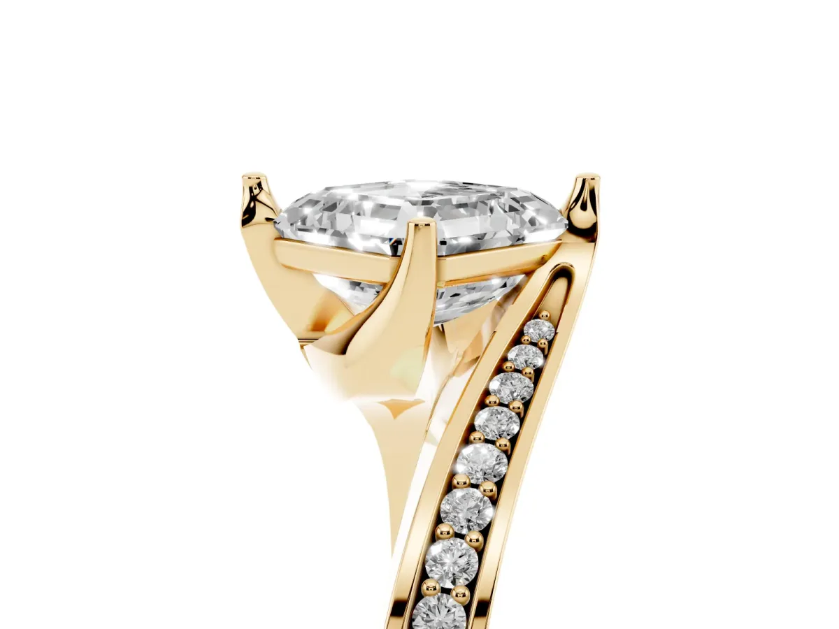 Asscher Cut Solitaire Diamond Twist Band with Pavé Setting and Four-Prong Setting Yellow gold