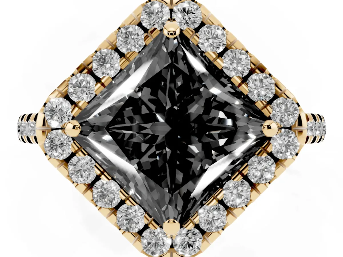 Fancy Black Princess Cut Diamond Cushion Halo Ring with Pavé Band Yellow gold