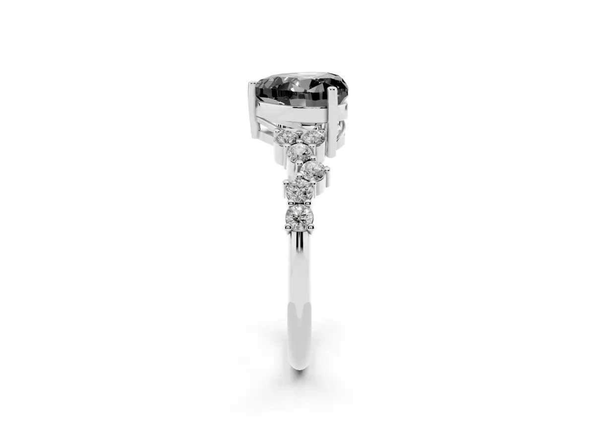 Fancy Black Heart Cut Diamond Scattered Round Accent Ring with Prong Setting White gold