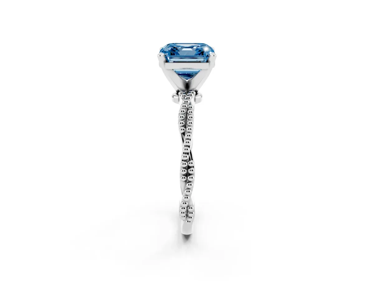 Fancy Blue Asscher Cut Solitaire Twisted Band with Bead Prong Setting White gold