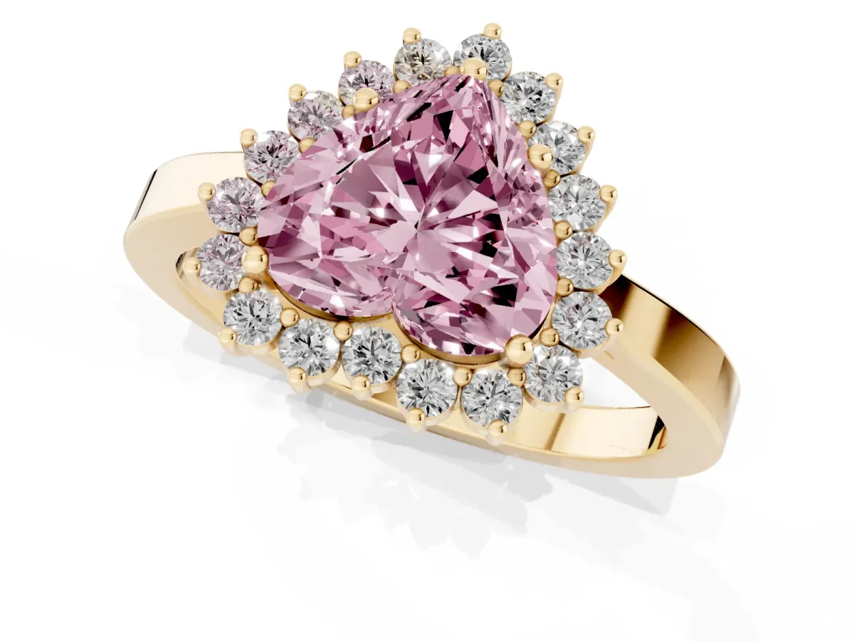 Fancy Pink Heart Cut Cut Diamond Halo Ring with Round Brilliant Halo and Solitaire Band Yellow gold