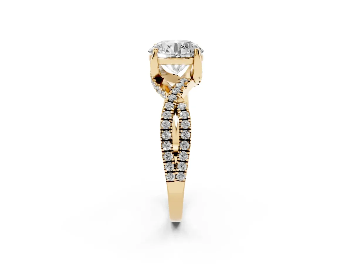 Round Cut Solitaire Twist Pave Diamond Engagement Ring with Prong Setting Yellow gold