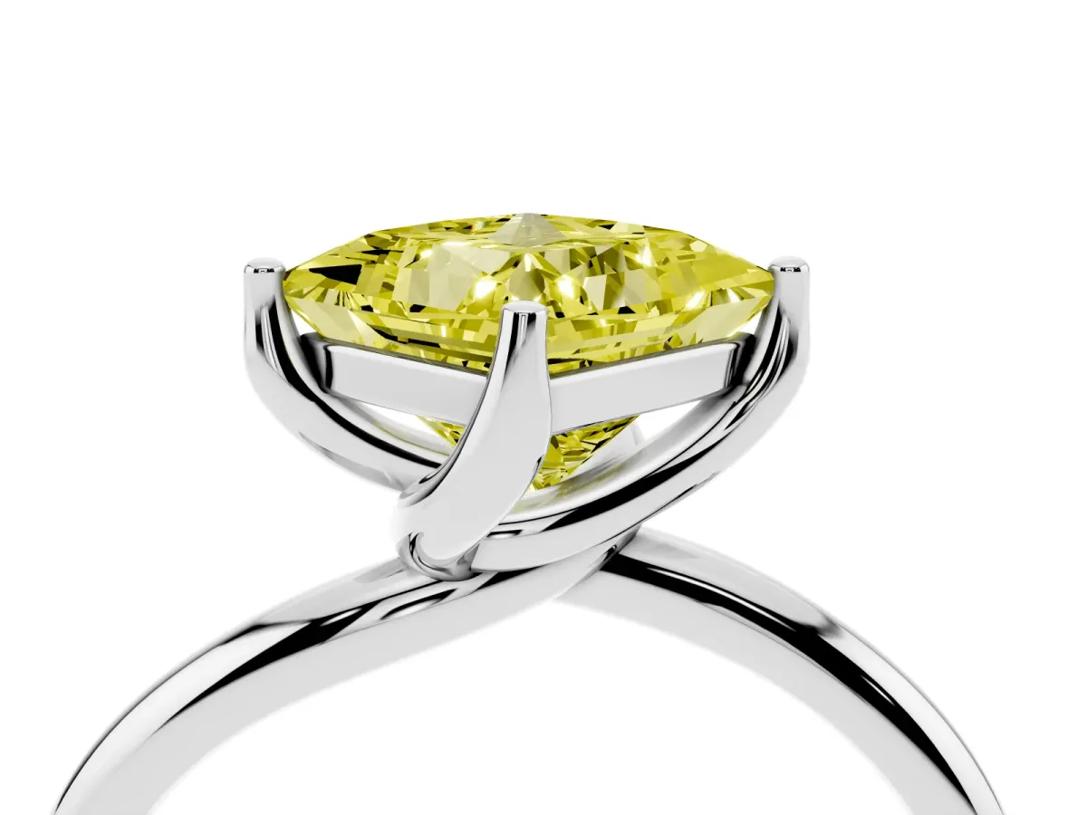 Fancy Yellow Princess Cut Diamond Solitaire Engagement Ring with Four-Prong Setting and Classic Band Platinum