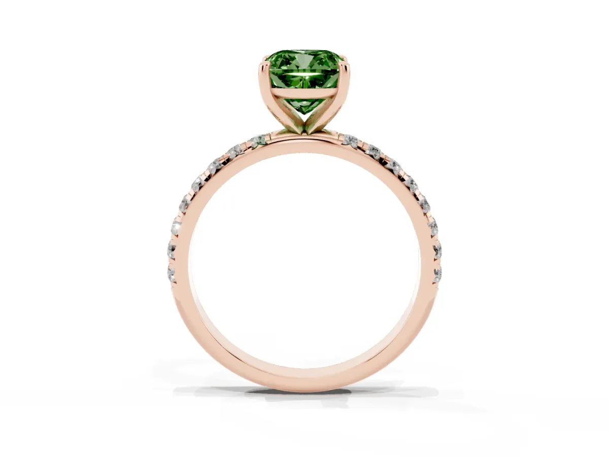 Fancy Green Cushion Cut Cut Diamond Solitaire Ring with Micro Pave Band and Four Prong Setting Rose gold