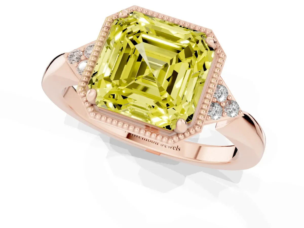 Fancy Yellow Hexagonal Halo Asscher Cut Diamond Solitaire with Pavé Band and Four-Prong Setting Rose gold