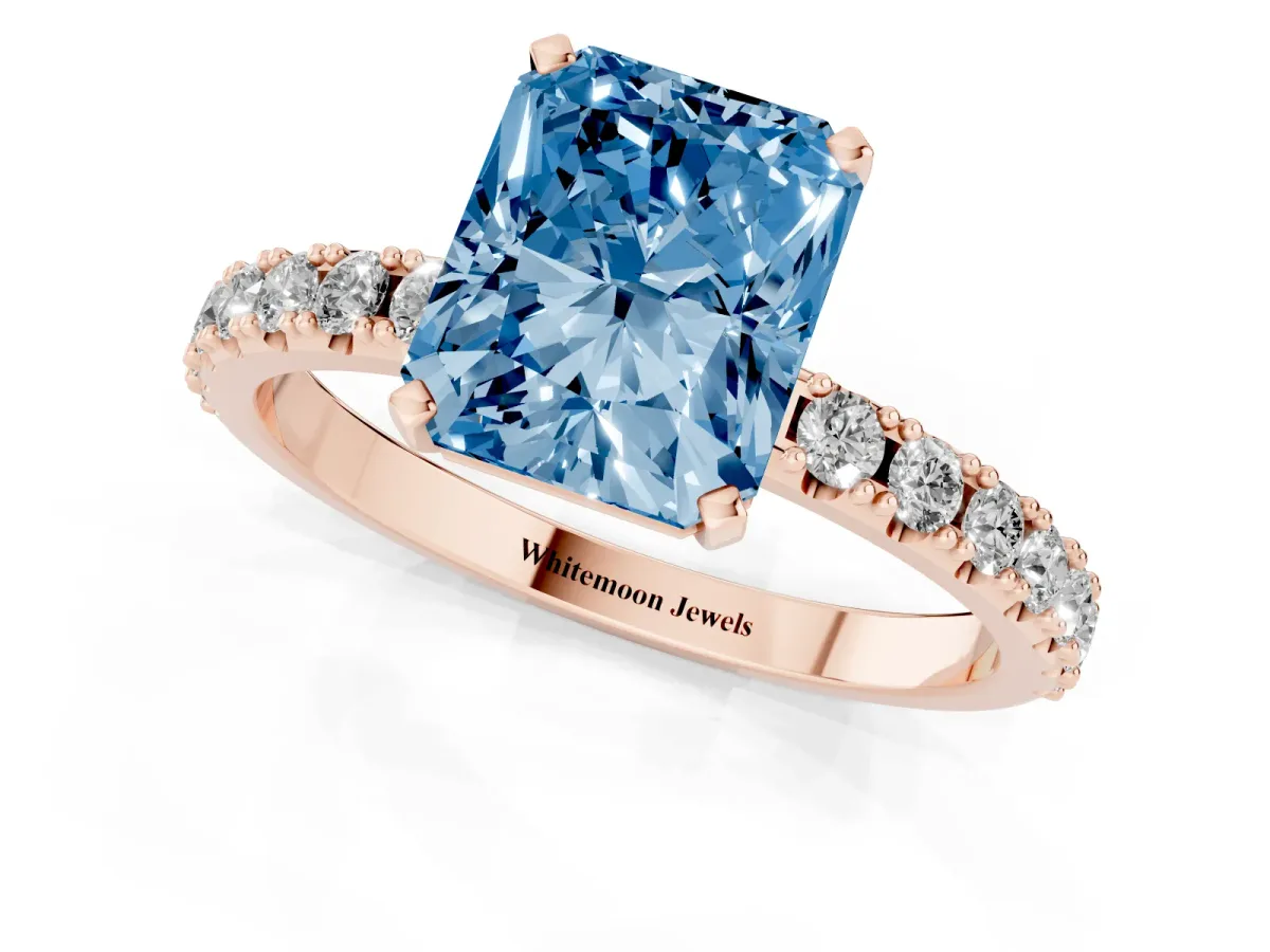 Fancy Blue Radiant Cut Diamond Solitaire Pavé Band with Four-Prong Setting Rose gold
