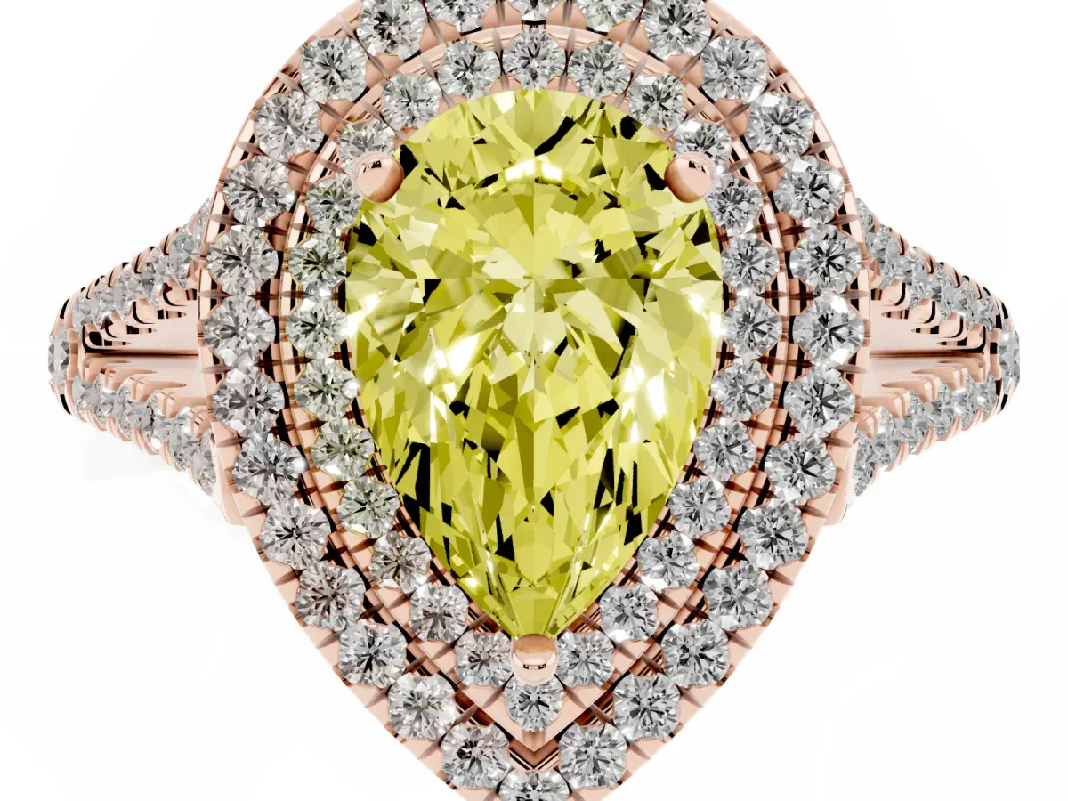 Fancy Yellow Pear Cut Diamond Double Halo Ring with Pavé Band and Prong Setting Rose gold