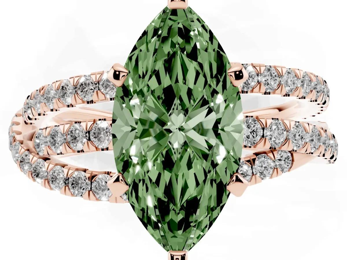 Fancy Green Marquise Cut Solitaire Twist Band with Pavé Setting and Four-Prong Setting Rose gold