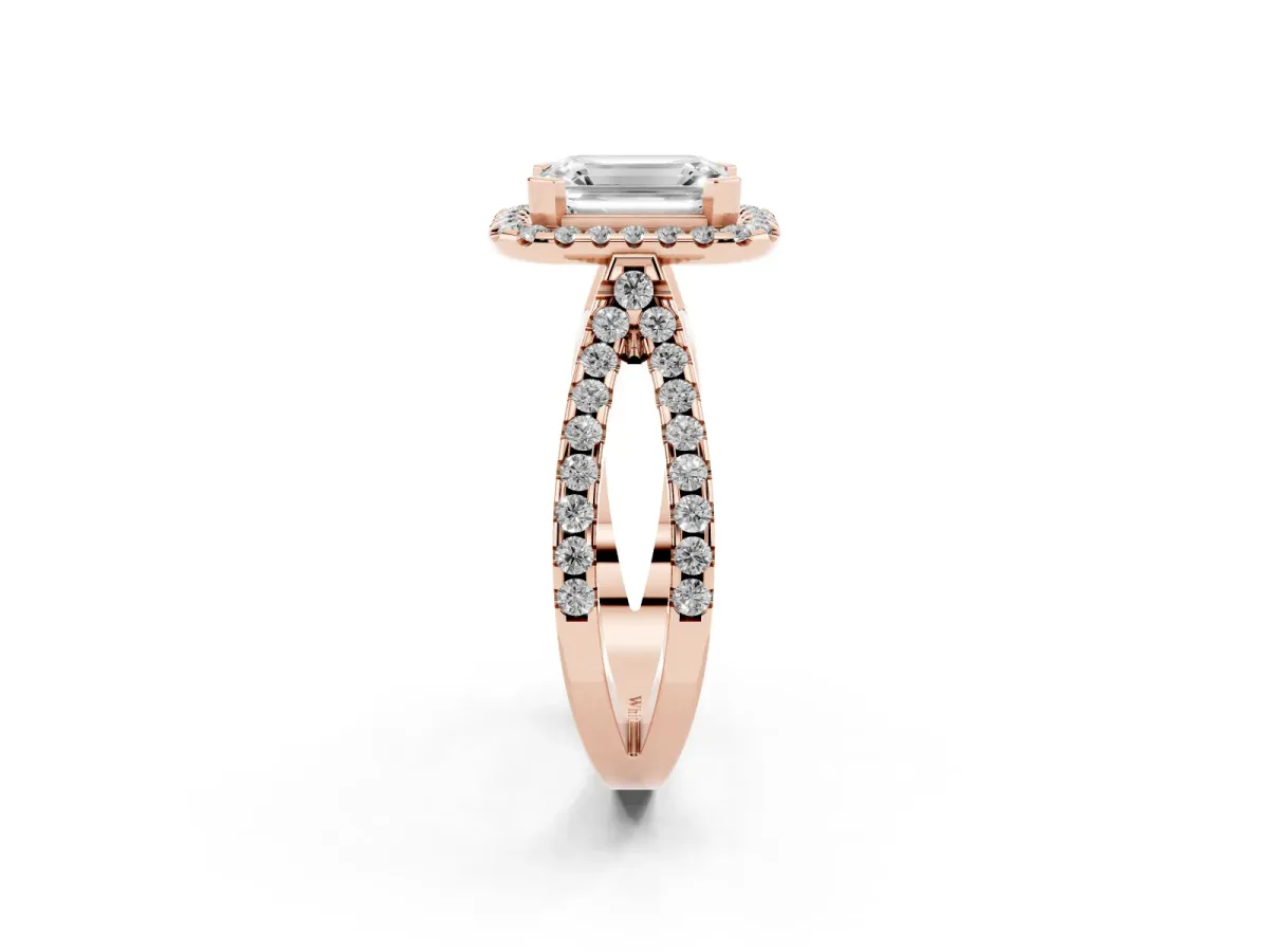 Emerald Cut Diamond Halo Ring with Split Shank Pavé Band and Prong Setting Rose gold